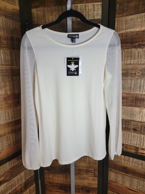 Antthony Cream Long Sleeve Top with Sheer Mesh Sleeves
